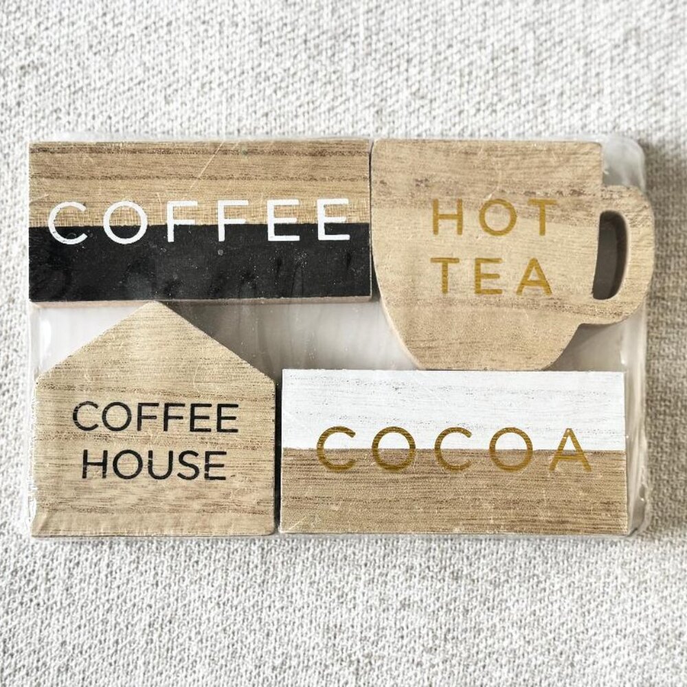 New 4-pack Coffee + Hot Tea Wooden Kitchen Tiered Tray Signs